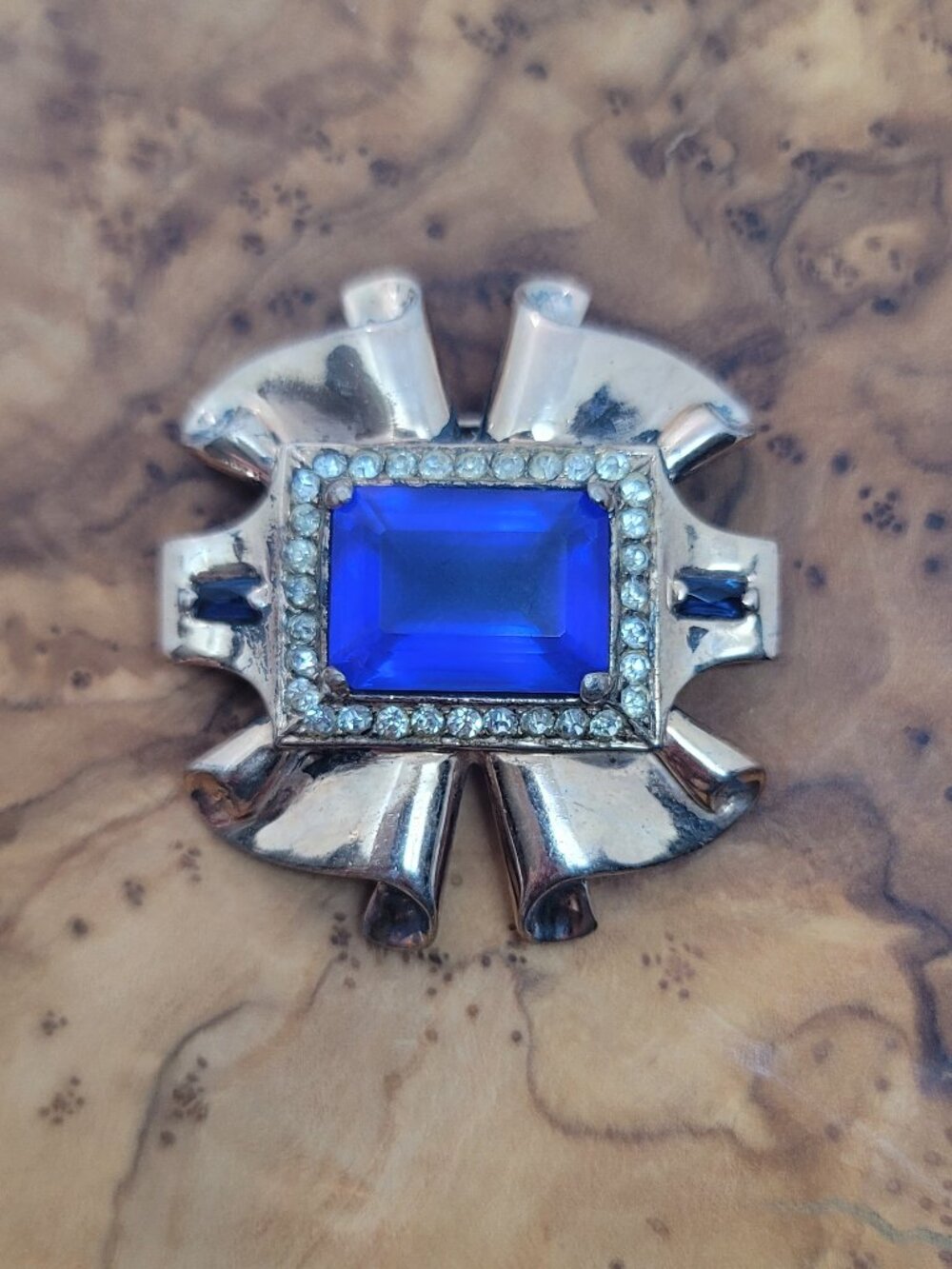 Vintage Retro Glass, Rhinestone & Sterling Brooch